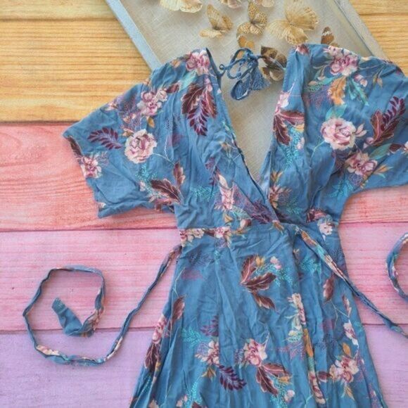 Skylar + Madison Blue Floral Wrap Open Back Boho Maxi Dress Small Summer - Picture 2 of 6